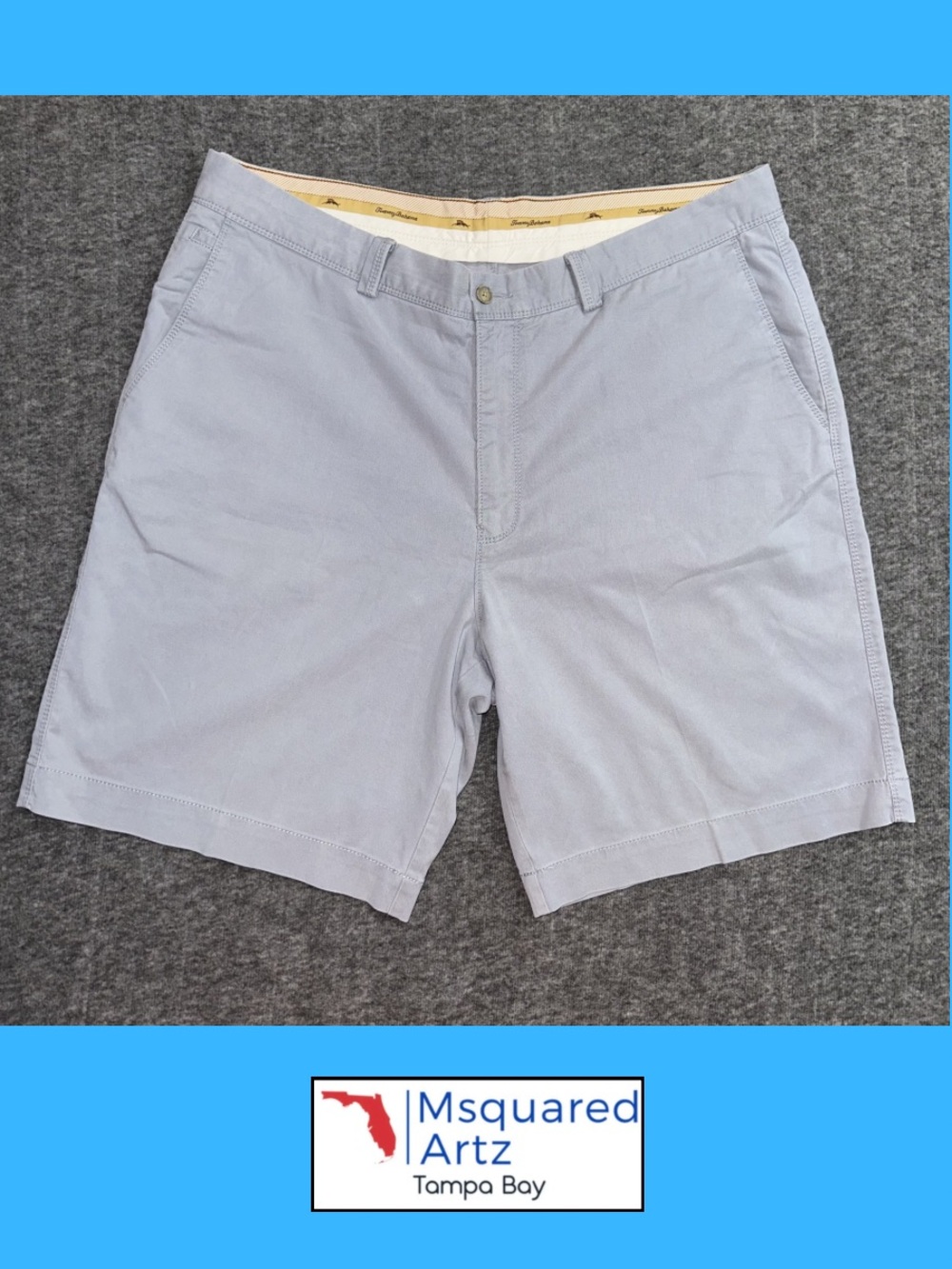 Tommy Bahama Men's Chino Shorts Gray Blue Stretch Size 38 Flat Front Casual 9 In